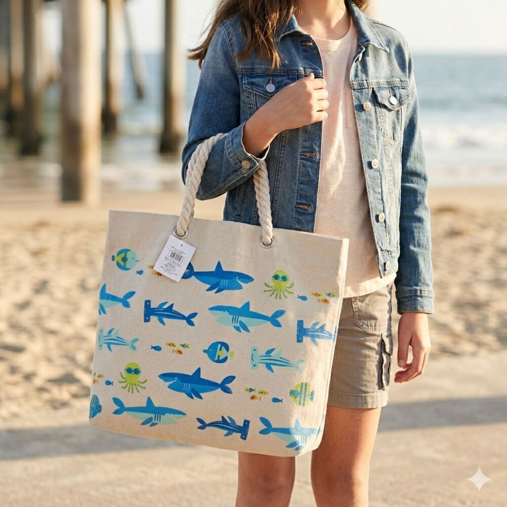 Girls Beach Bag Shark Print Canvas Tote Casual Pool Vacation Bag Beige Blue